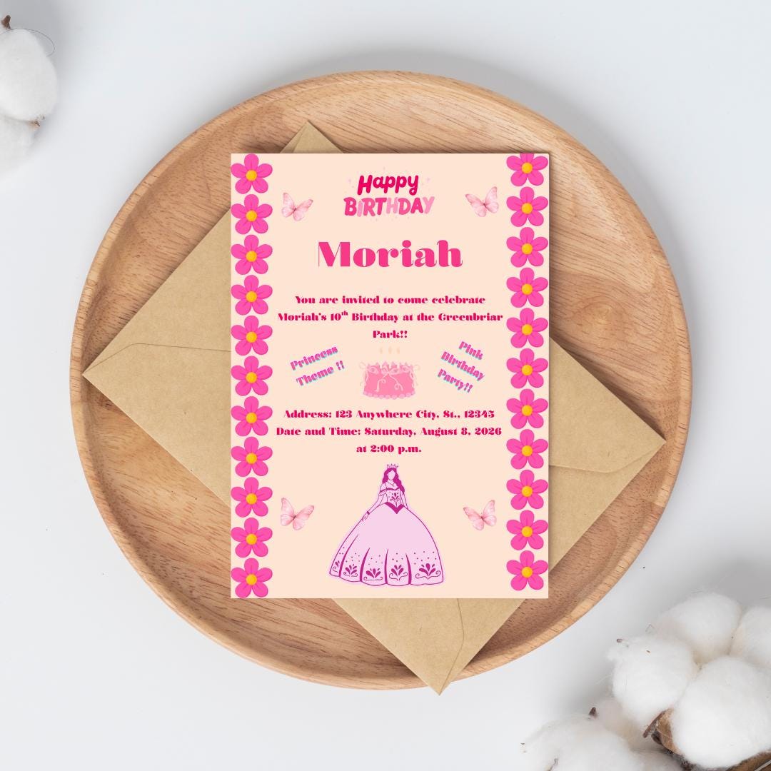 Pink Princess Theme Birthday Party Invitation Floral Design for Girls (Digital Download)- Digital and Editable