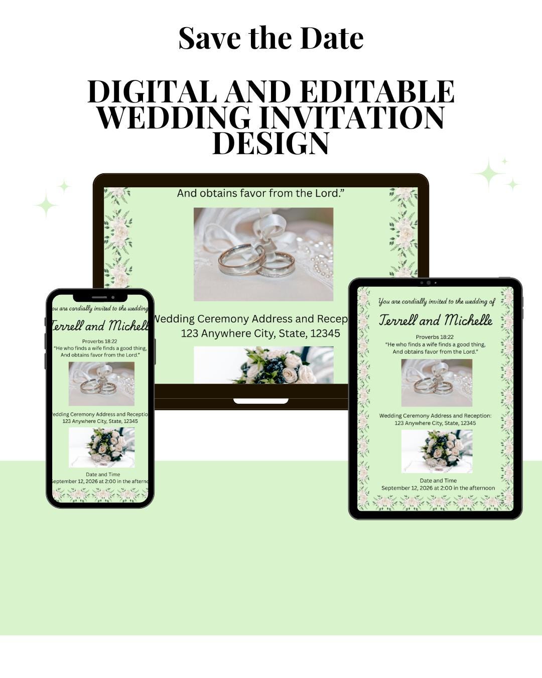 Wedding Invitation- Light Green Floral Spring Summer Design (Digital Download)