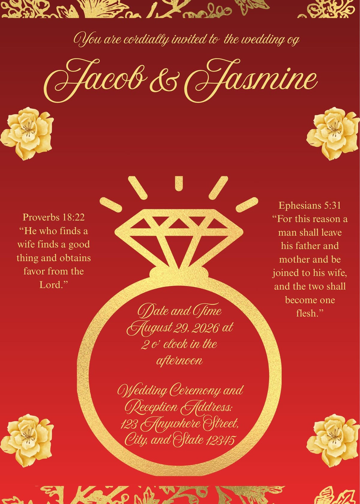 Red and Gold Wedding Invitation Design-Gold Foil Elegant and Modern Design with Bible Verse (Digital Download)