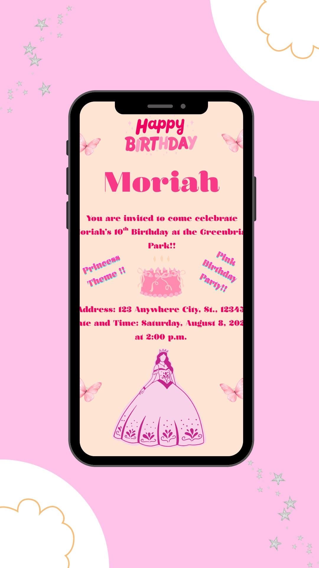 Pink Princess Theme Birthday Party Invitation Floral Design for Girls (Digital Download)- Digital and Editable