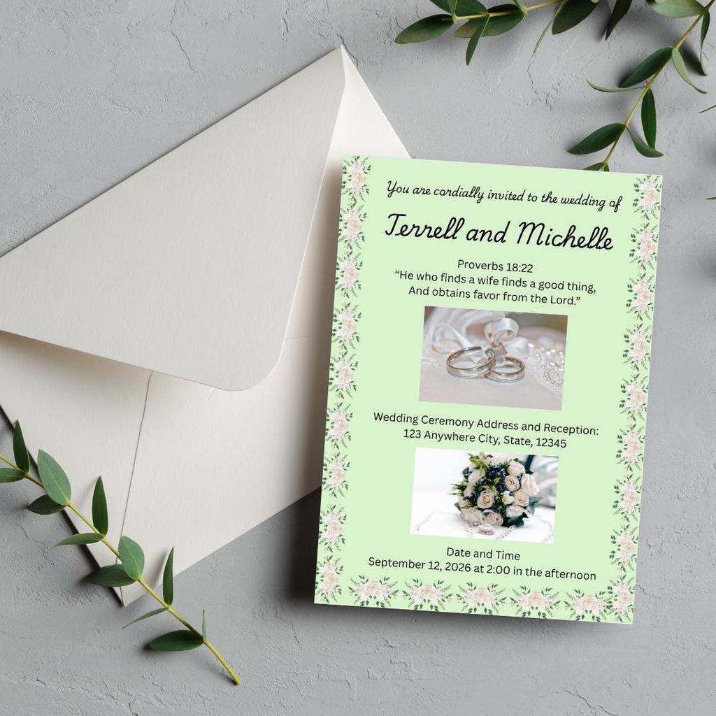 Wedding Invitation- Light Green Floral Spring Summer Design (Digital Download)