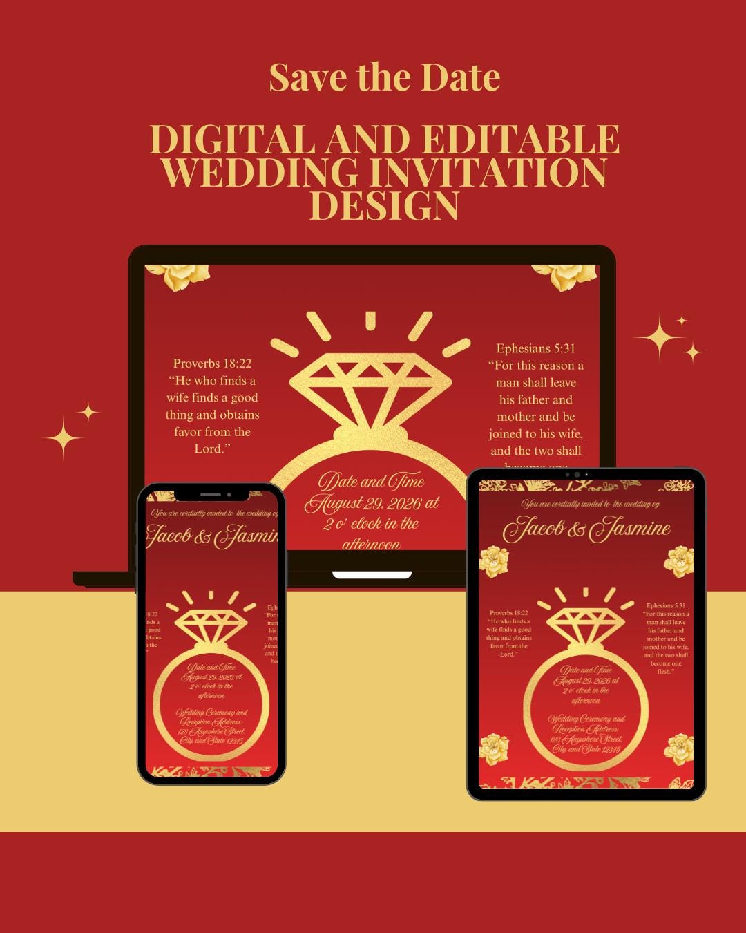 Red and Gold Wedding Invitation Design-Gold Foil Elegant and Modern Design with Bible Verse (Digital Download)