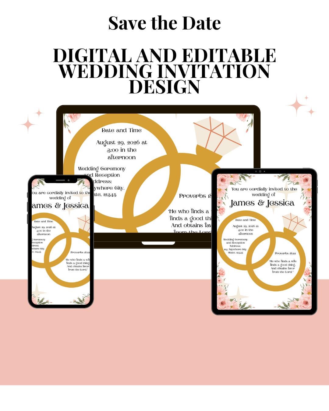 Pink Floral Wedding Invitation Design for Summer and Spring (Digital Download)- Digital and Customizable