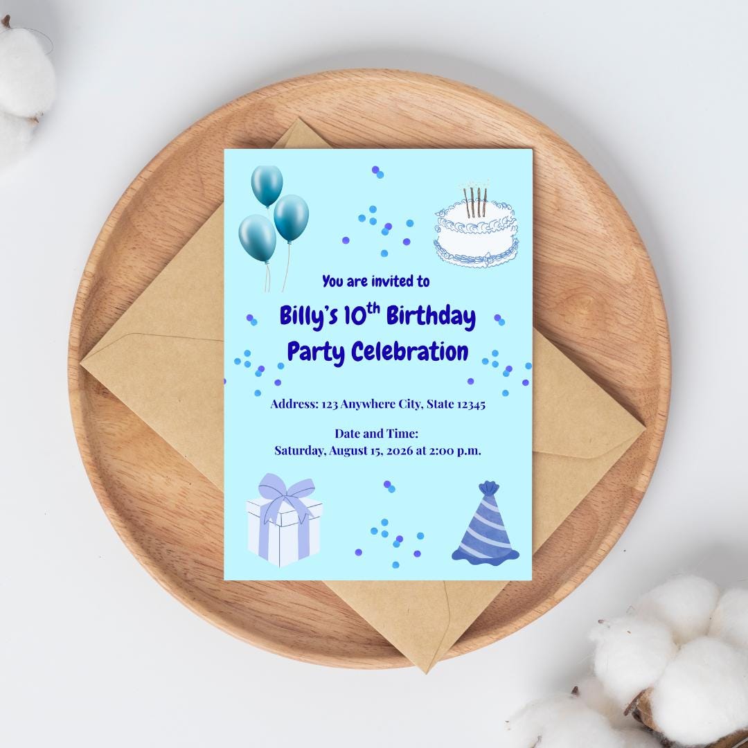 Blue Birthday Digital Invitation Template Design (Digital Download) Digital and Editable