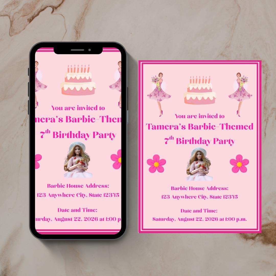 Pink Barbie Doll Theme Birthday Girl Party Invitation Design (Digital Download)