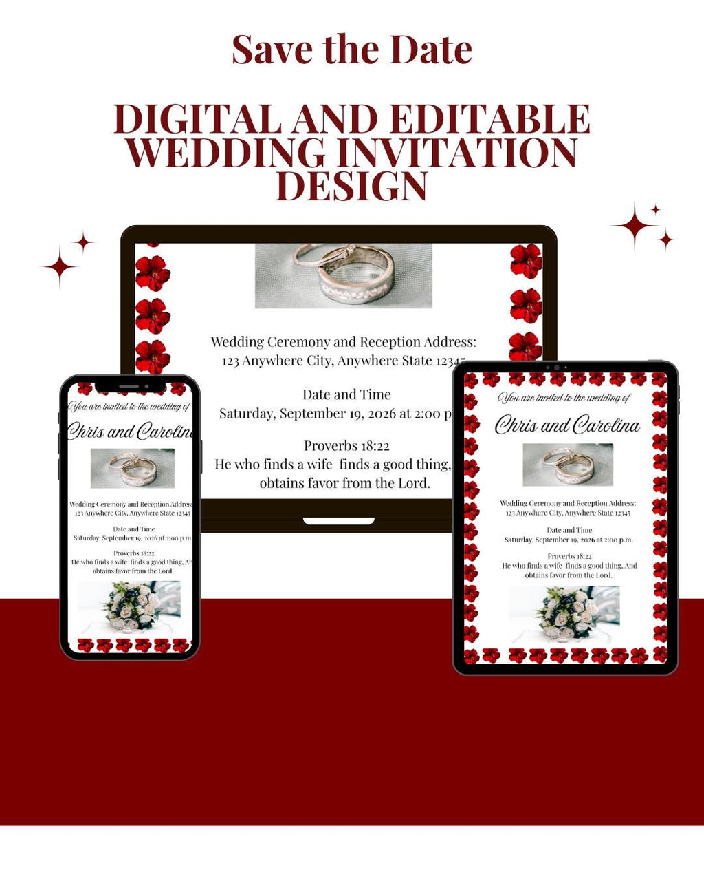Red and White Invitation for Wedding- Invitation Design (Digital Download) Digital and Editable