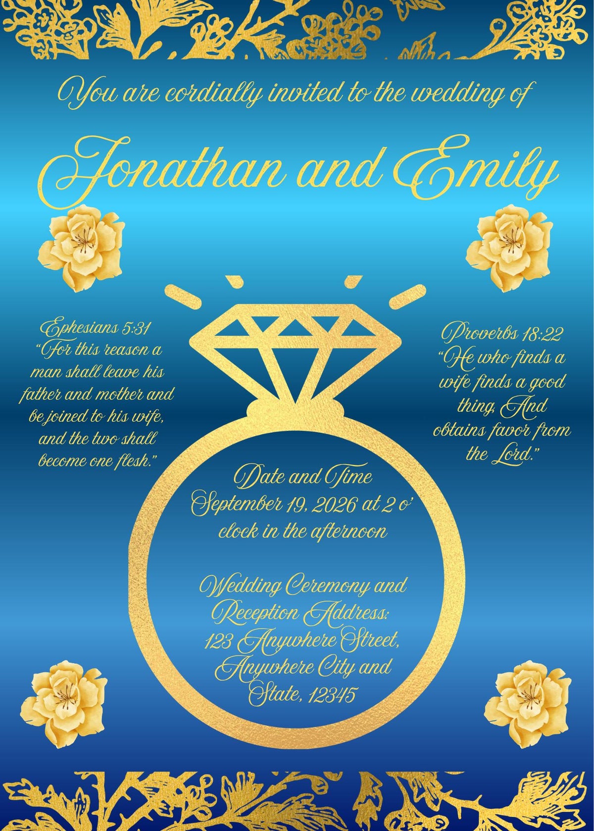 Blue and Gold Wedding Invitation Design (Digital Download)