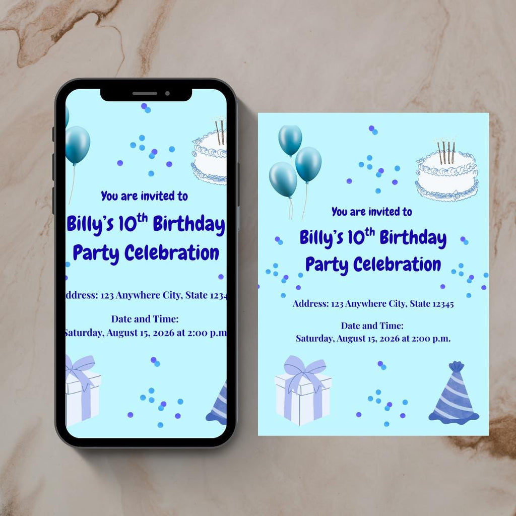 Blue Birthday Digital Invitation Template Design (Digital Download) Digital and Editable
