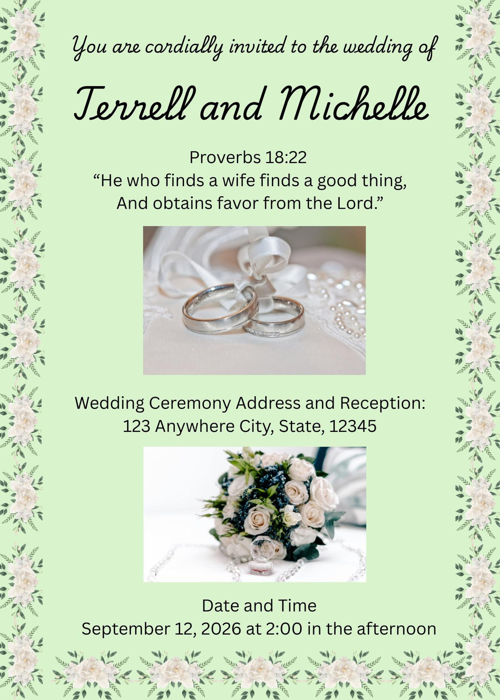 Wedding Invitation- Light Green Floral Spring Summer Design (Digital Download)