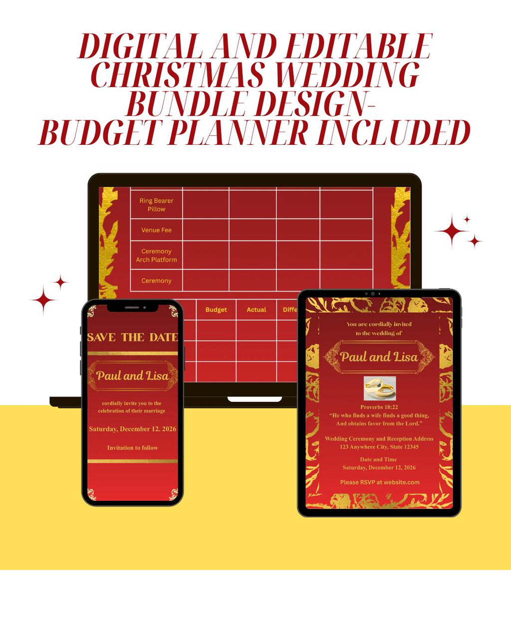Red and Gold Wedding Bundle- Modern Floral Gold Foil-Editable (Digital Download)