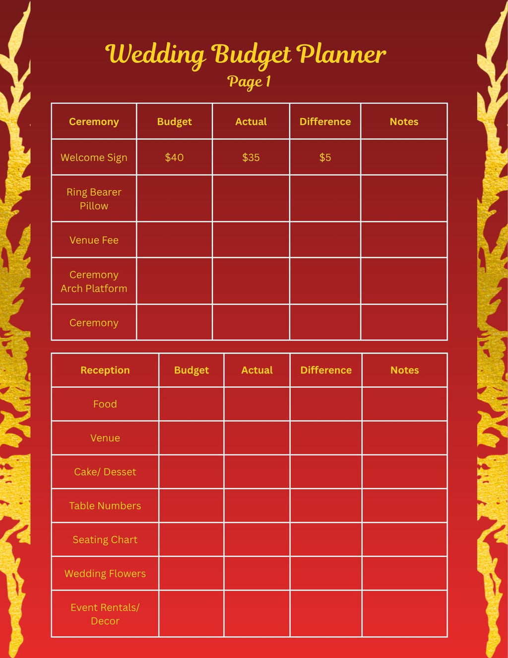 Red and Gold Wedding Bundle- Modern Floral Gold Foil-Editable (Digital Download)