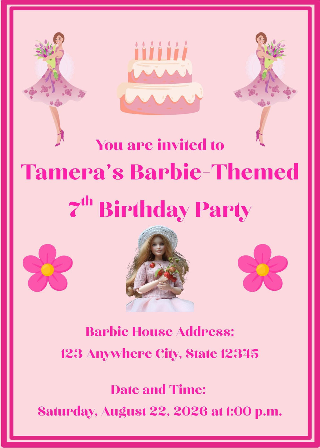 Pink Barbie Doll Theme Birthday Girl Party Invitation Design (Digital Download)