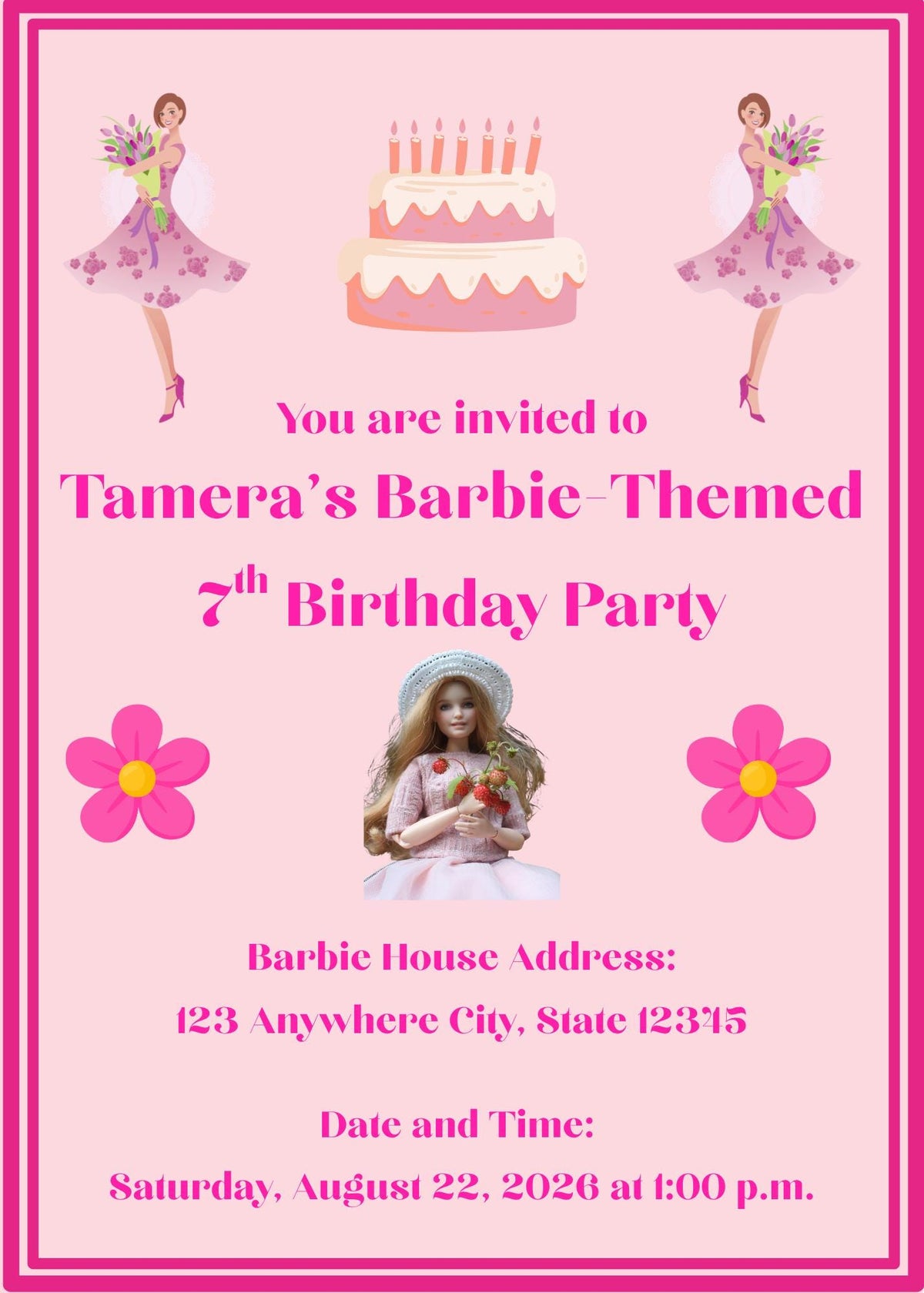 Pink Barbie Doll Theme Birthday Girl Party Invitation Design (Digital Download)