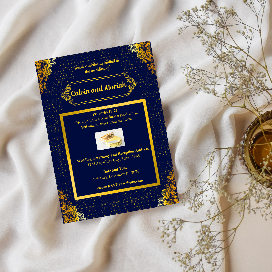 Customizable Sparkly Blue and Gold Christmas Season Wedding Bundle (Digital Download)- Printable and Editable Canva Templates