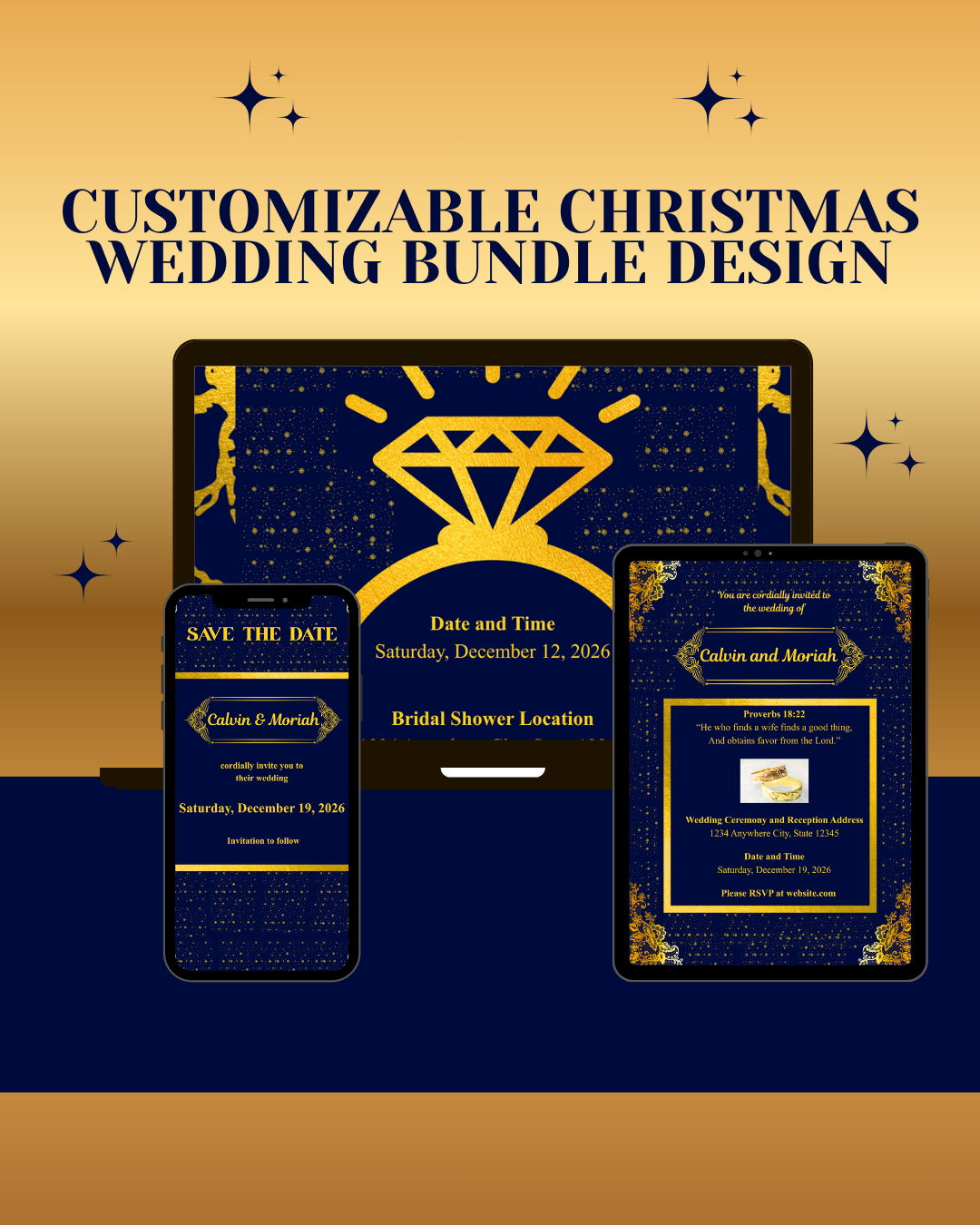 Customizable Sparkly Blue and Gold Christmas Season Wedding Bundle (Digital Download)- Printable and Editable Canva Templates