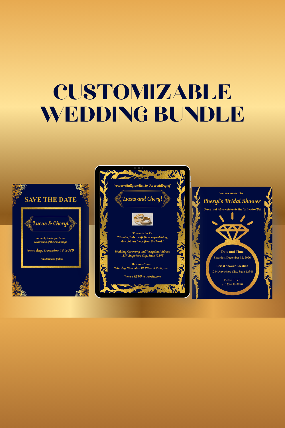 Blue and Gold Wedding Bundle- Elegant and Modern- Perfect for Christmas Season Weddings