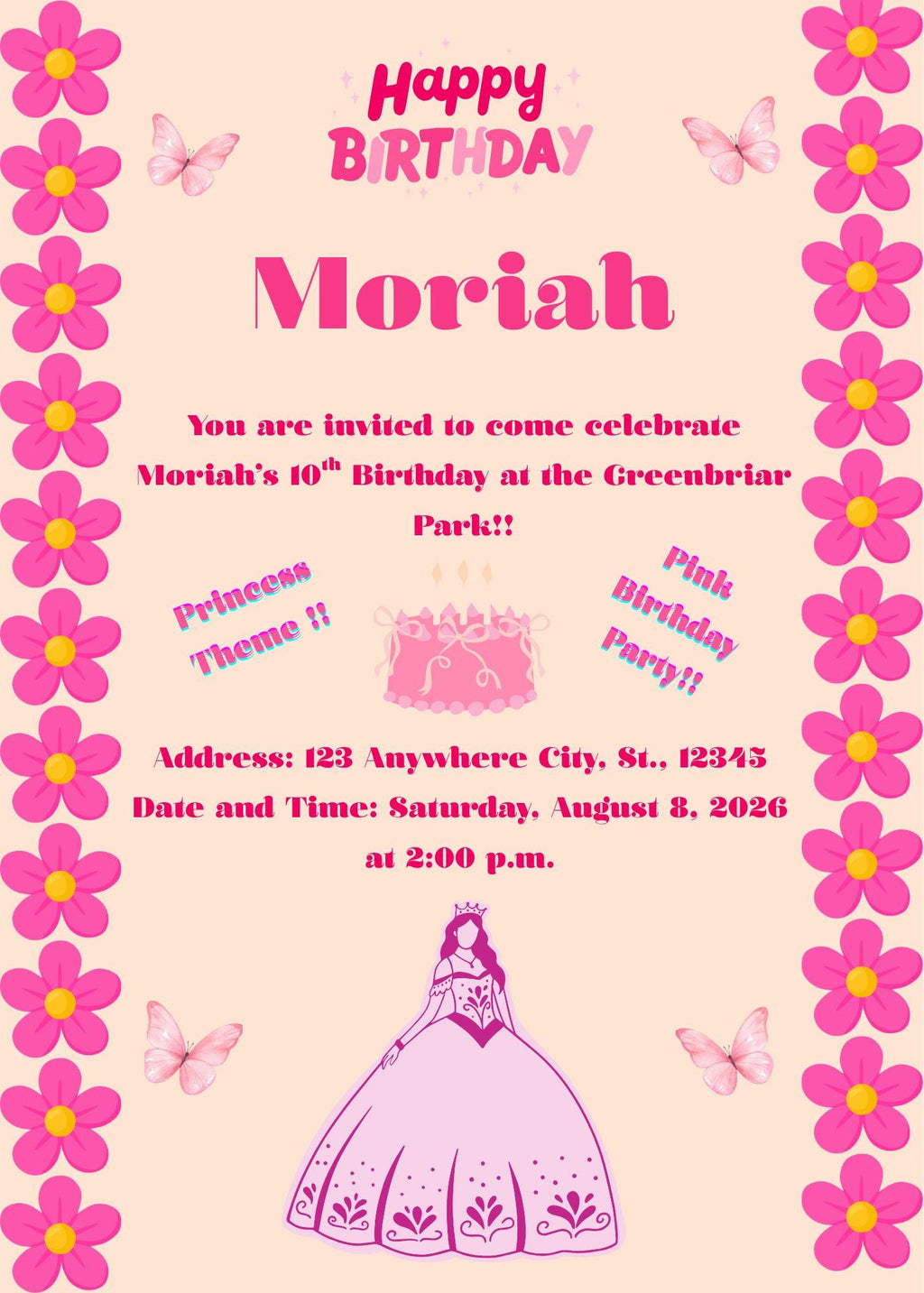 Pink Princess Theme Birthday Party Invitation Floral Design for Girls (Digital Download)- Digital and Editable