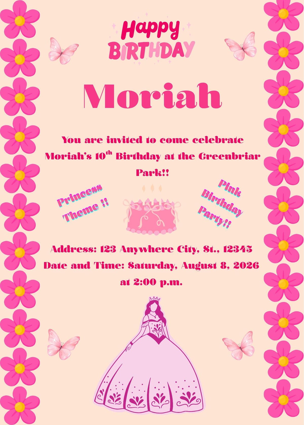 Pink Princess Theme Birthday Party Invitation Floral Design for Girls (Digital Download)- Digital and Editable
