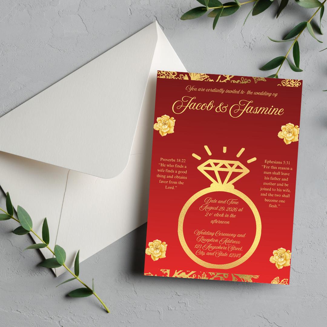 Red and Gold Wedding Invitation Design-Gold Foil Elegant and Modern Design with Bible Verse (Digital Download)