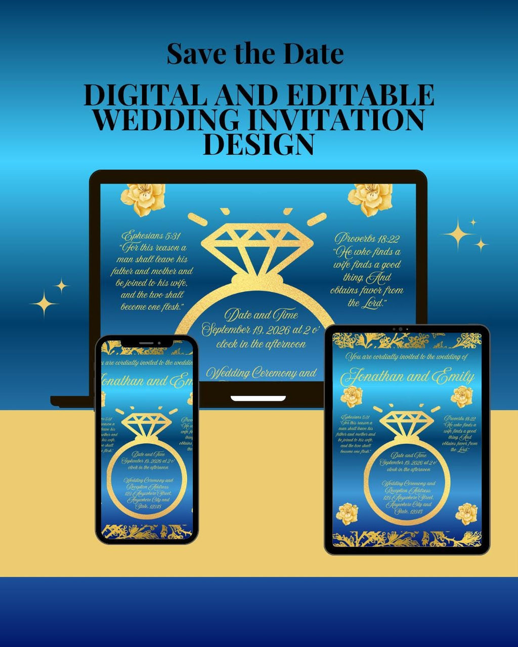 Blue and Gold Wedding Invitation Design (Digital Download)