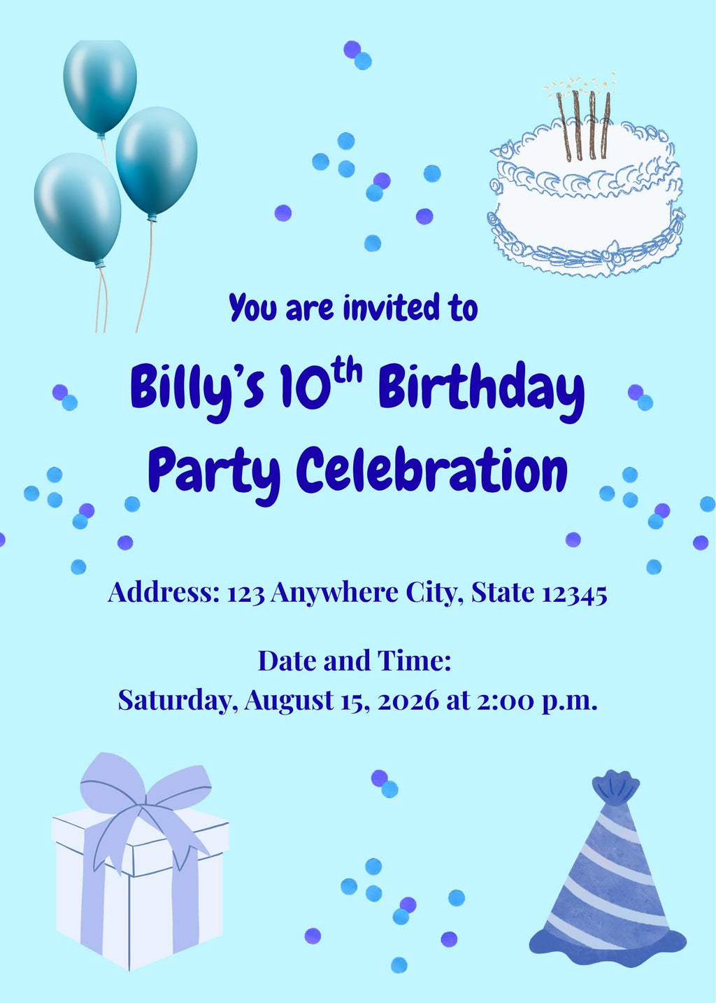 Blue Birthday Digital Invitation Template Design (Digital Download) Digital and Editable