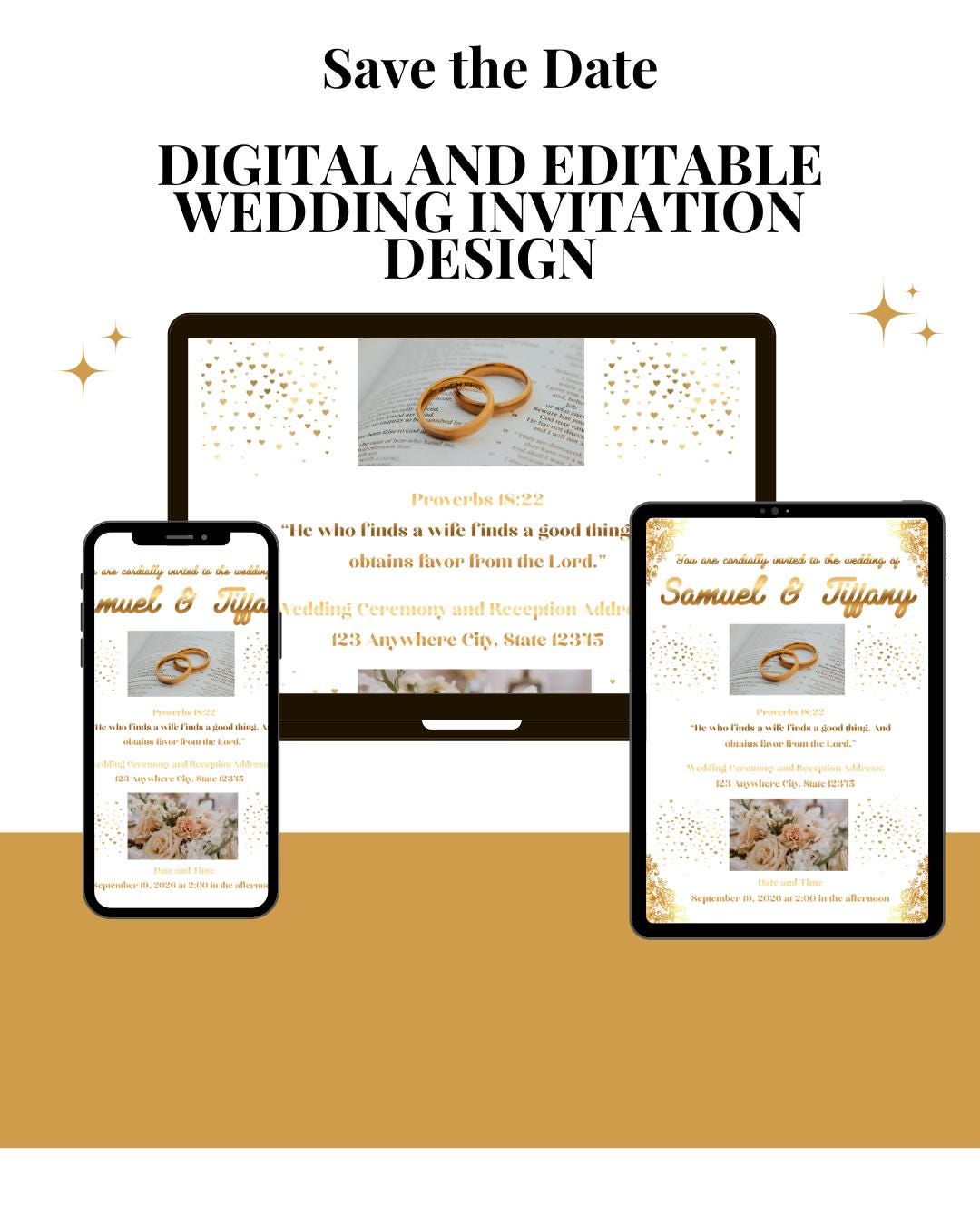 Gold and White Invitation Design for Wedding- Elegant and Modern (Digital Download) Digital and Editable