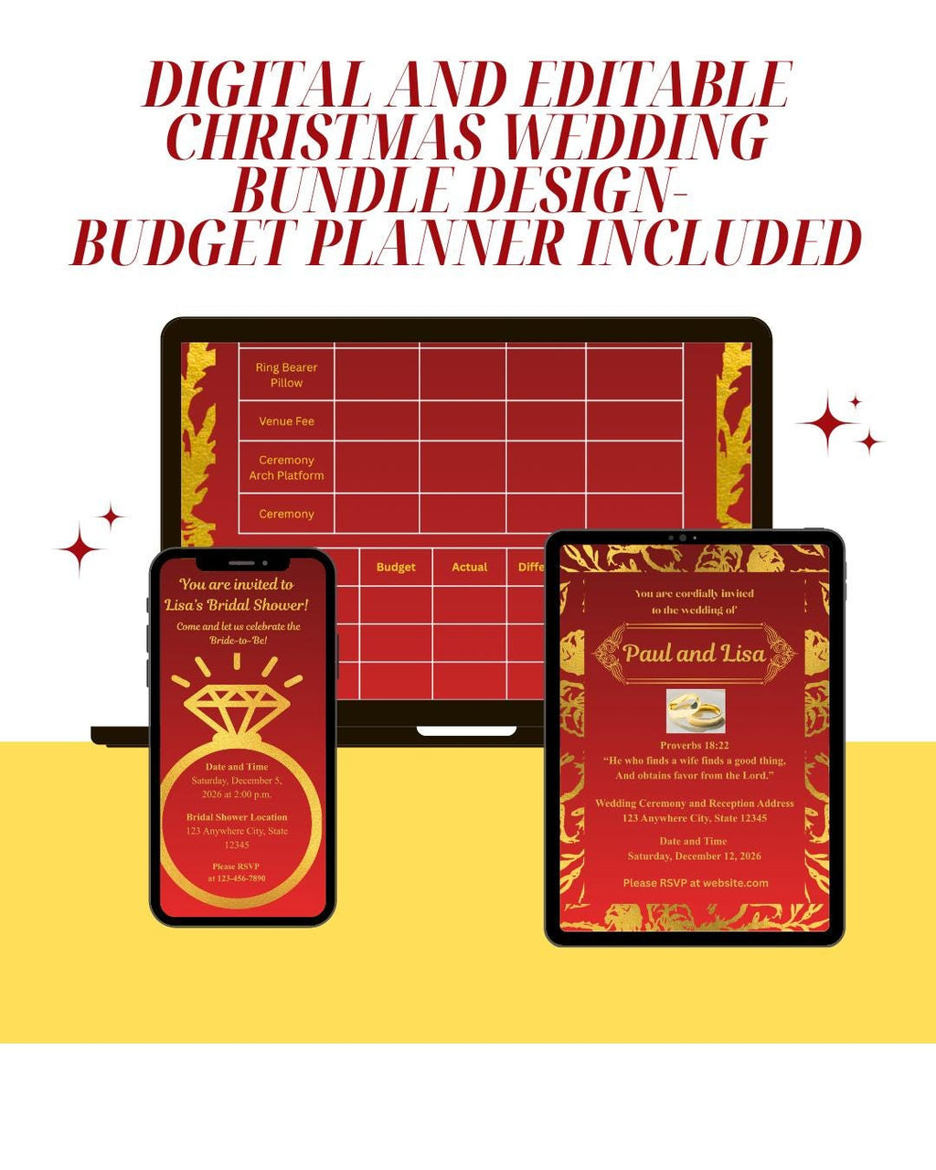 Red and Gold Wedding Bundle- Modern Floral Gold Foil-Editable (Digital Download)